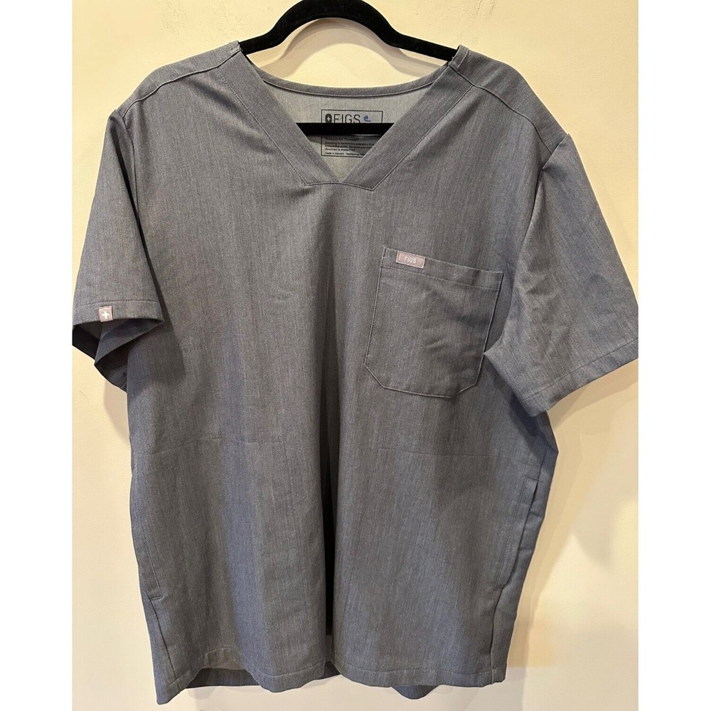 Figs Catarina Scrub Top Womens L Gray Short Sleeve Pocket Embroidered Nurse
